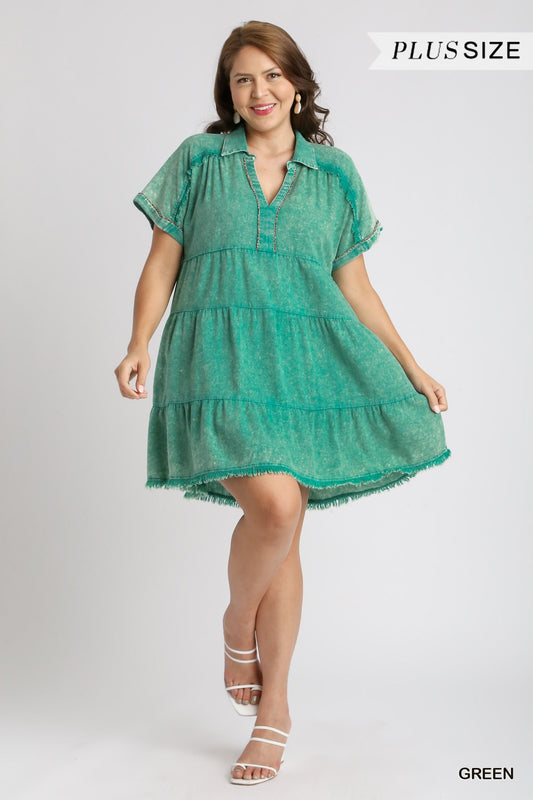 Green Mineral Wash with Contrast Detail Tiered Dress with Unfinished Frayed Hem