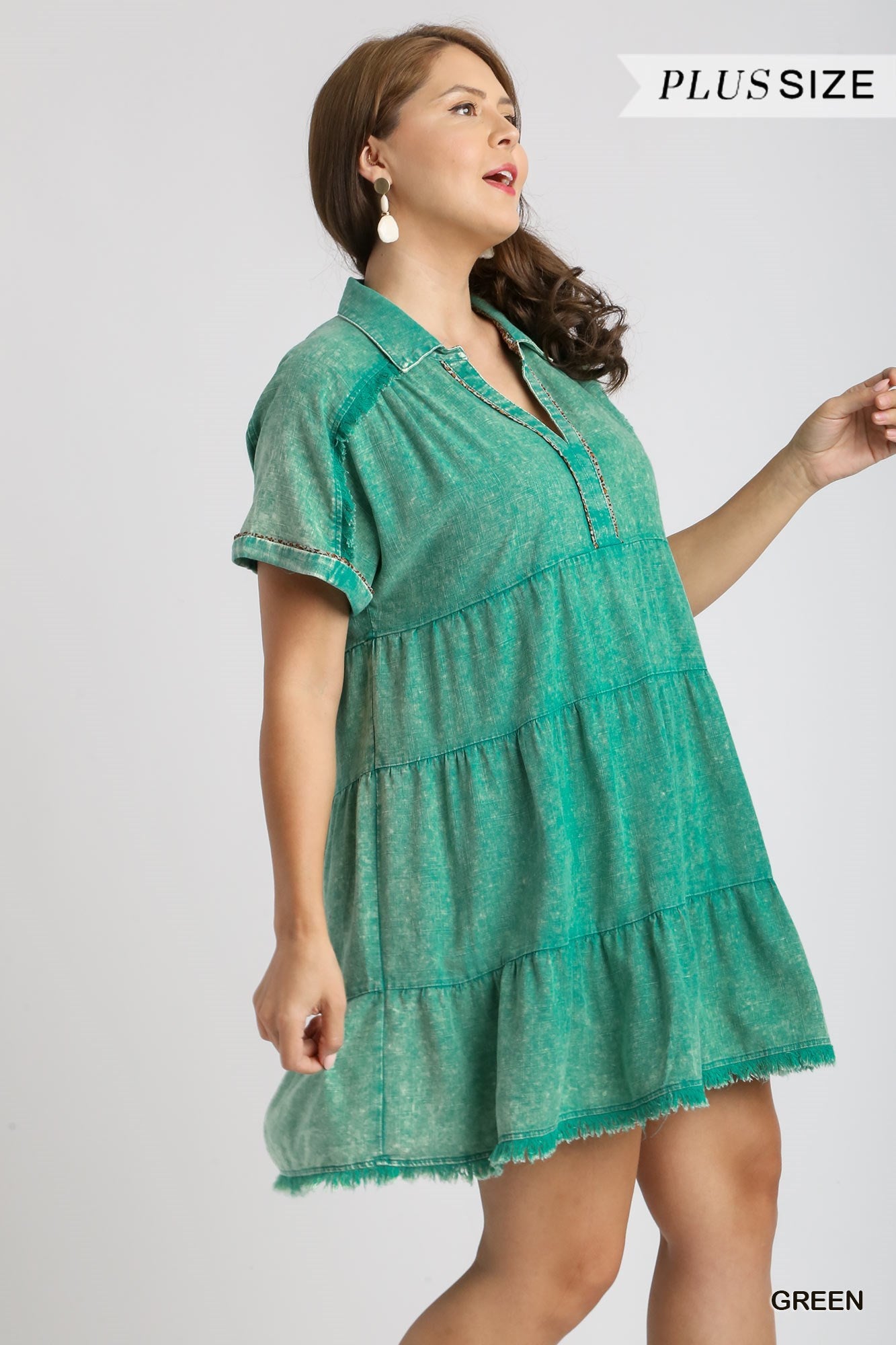 Green Mineral Wash with Contrast Detail Tiered Dress with Unfinished Frayed Hem