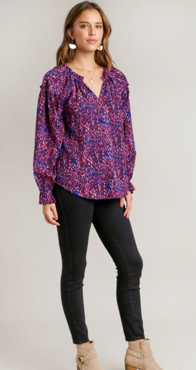 French blue long sleeve floral top