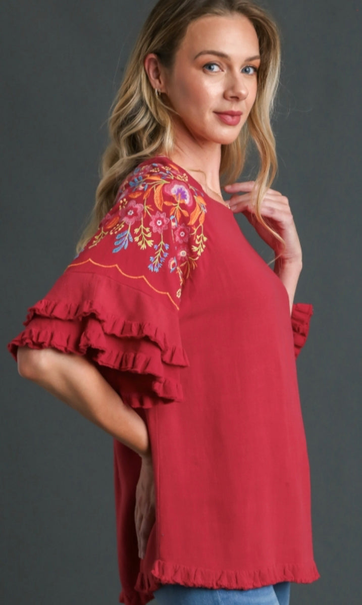 Red Brown LimTop with Embroidery Bell Sleeve