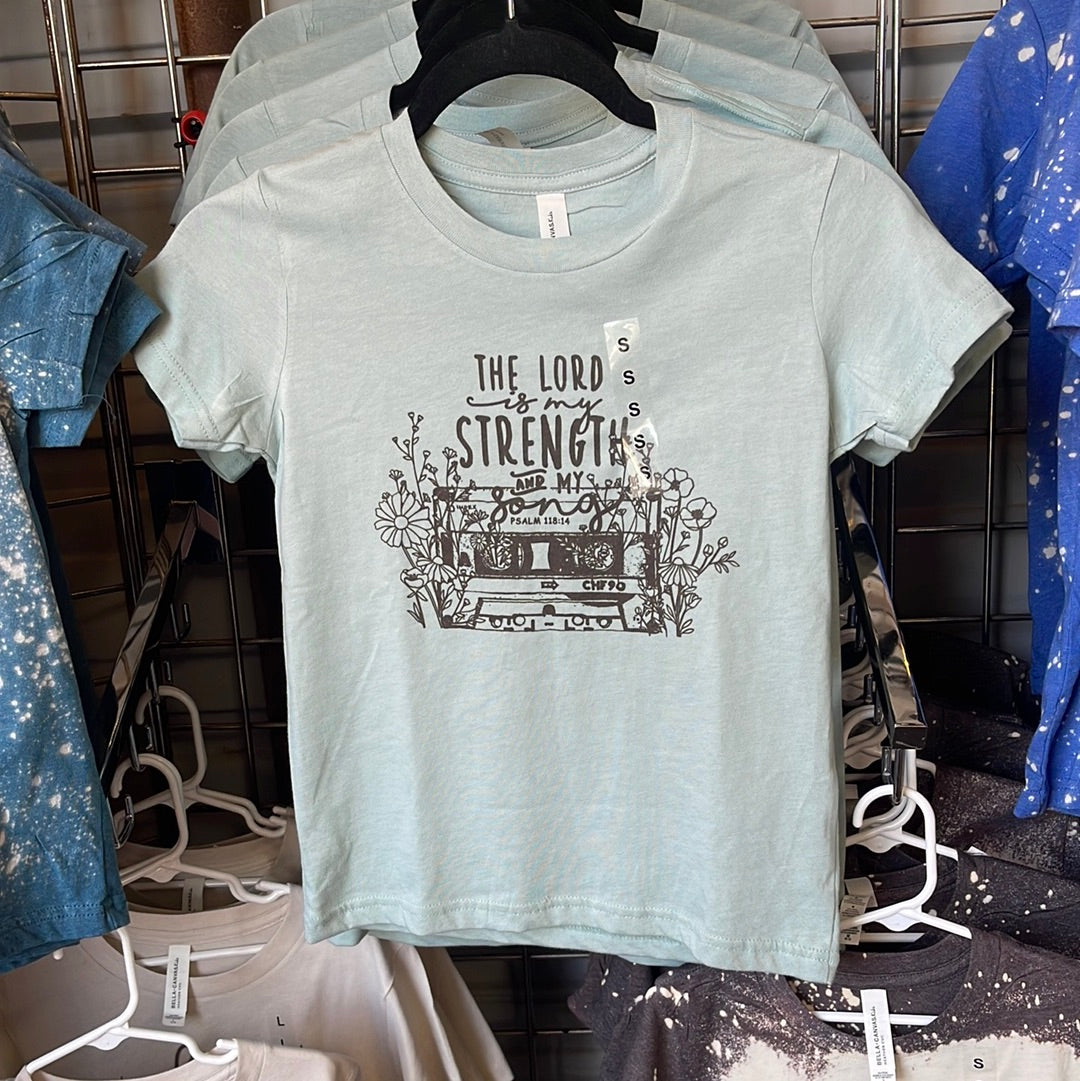 Product details  Custom sublimated tee that reads “the Lord is my strength and my song”  Pressed on a Bella Canva shirt Short sleeve  Fits true to size Contact us about a custom color shirt.   *Colors may vary slightly due to monitor resolution and lighting* Southern Bliss Boutique