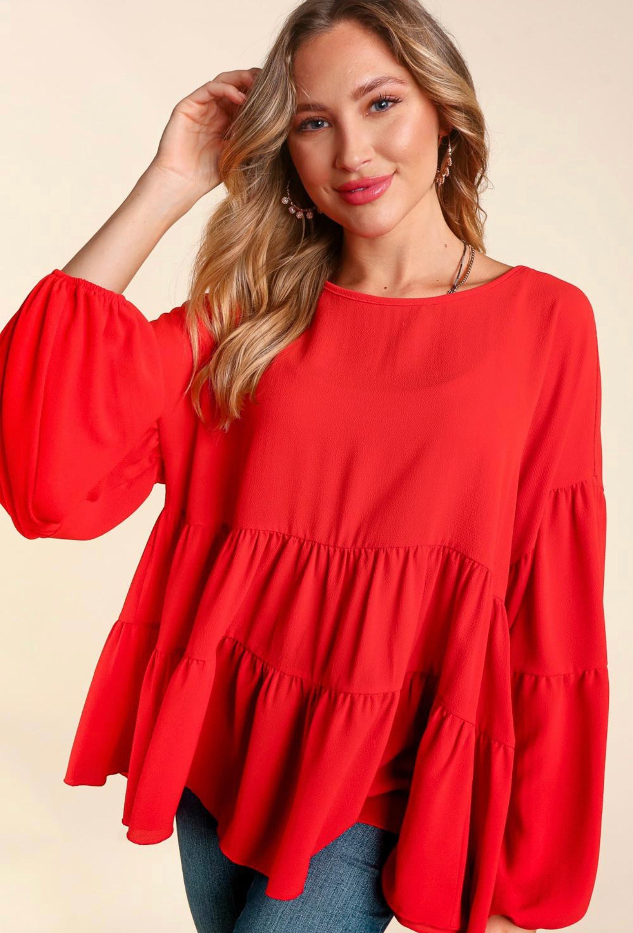 Product details  Tomato Red  Drop Shoulder Long Sleeve Baby Doll Woven Top Fits true to size *Colors may vary slightly due to monitor resolution and lighting* Southern Bliss Boutique
