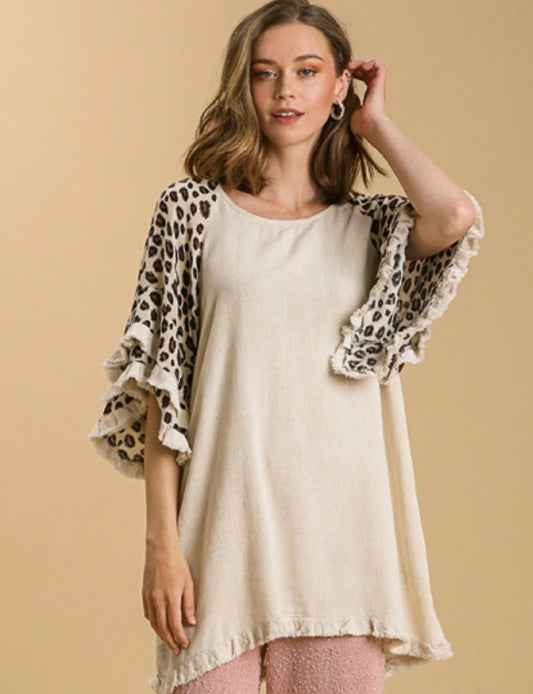 Oatmeal Linen Blend with Animal Print Layered Bell Sleeve