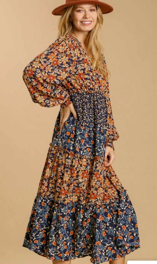 Mixed Floral Print Midi Dress