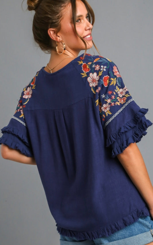 Navy LimTop with Embroidery Bell Sleeve